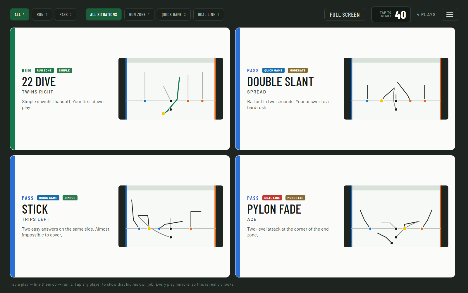 The deck: a coach's plays as cards, filtered by run, pass and situation